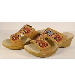 Alegria Tan Wedge Sandals with Colorful Floral Embroidery